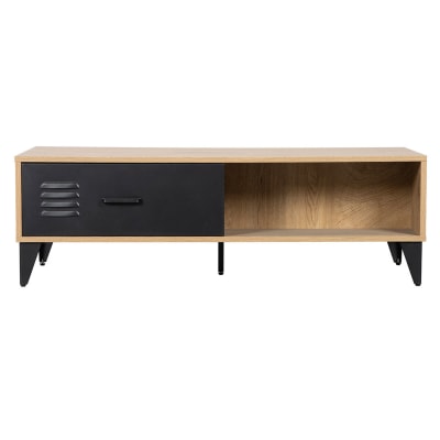 Table basse industrielle 2 tiroirs l110cm effet bois et noir