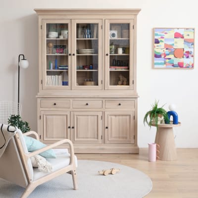 Vaisselier en chêne blanchi 3 portes vitrées 3 tiroirs 3 portes bois