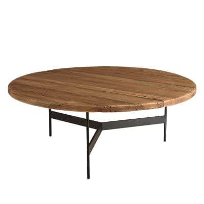 Table basse ronde pin recyclé et pieds métal noir d90