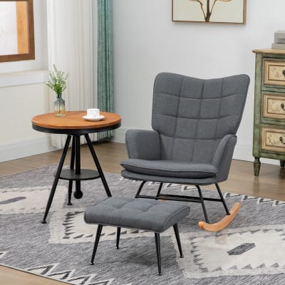 Fauteuil à bascule avec repose-pieds coussin tissu aspect lin gris