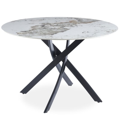 Table ronde 120cm céramique effet marbre blanc et pieds croisés métal