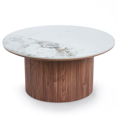 Table basse moderne ronde 80cm bois et céramique effet marbre blanc
