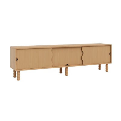 Meuble TV bas en pin verni couleur chêne 180 cm