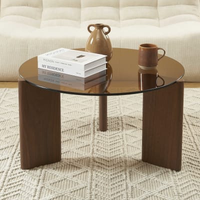 Table basse verre trempé caramel et placage noyer 75cm