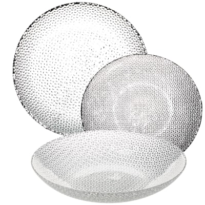 Service de 18 assiettes en verre transparent: plates, creuses et à des