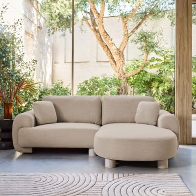 Canapé d'angle droite 3 places tissu beige pieds ronds