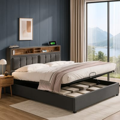Lit coffre queen tissu gris avec port USB C et rangement 160*200cm