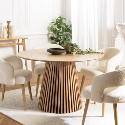 Table à manger ronde décor et chêne naturel pied à motif strié d120
