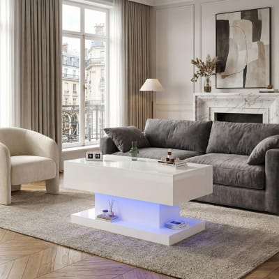 Table basse blanche relevable avec éclairage LED et 1 tiroir
