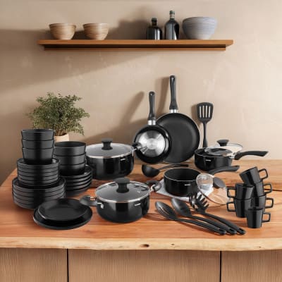30 pièces set de cuisine complet, faïence, aluminium, verre, noir