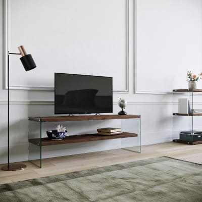 Meuble tv bois foncé / verre 2 plateaux 120 cm