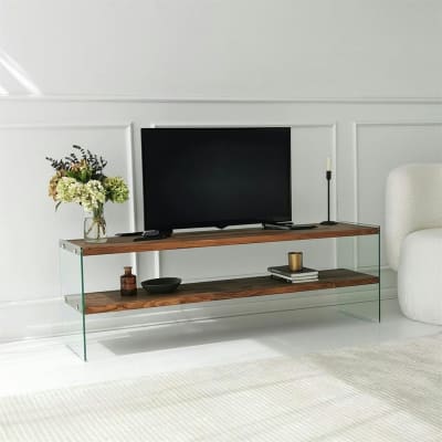 Meuble tv 140 cm bois et verre 2 plateaux