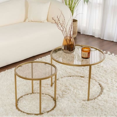 Table gigogne ronde 60cm - verre ambré et métal doré (lot de 2)