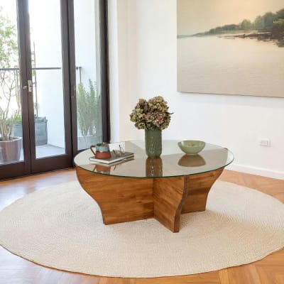 Table basse ronde plateau verre pied bois marron