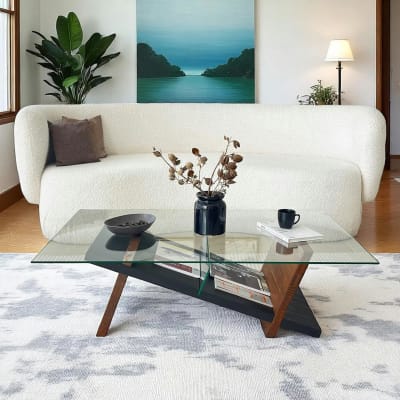 Table basse design verre / bois pied oblique