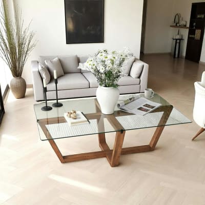 Table basse verre trempé pied croisé bois