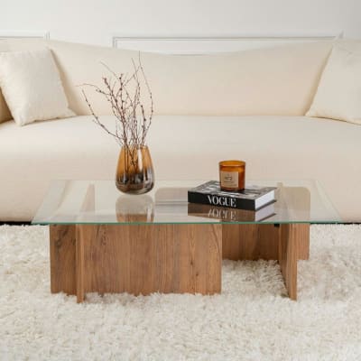Table basse en verre rectangulaire pied décor bois