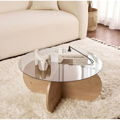 Table basse ronde plateau verre fumé décor chêne clair