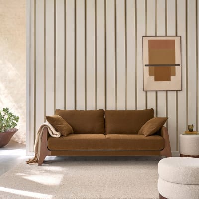 Canapé droit 3 places en bois massif et tissu velours bronze