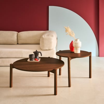 Tables gigognes rondes décor bois, piètement bois d'hévéa noyer
