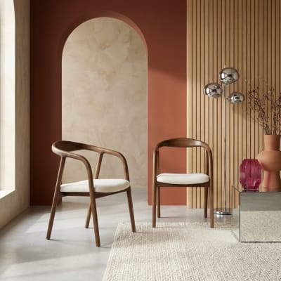 Fauteuil bois d'hévéa, bouclette, teinte noyer vintage (lot de 2)