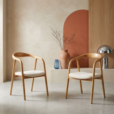 Fauteuil bois d'hévéa, bouclette, teinte naturelle vintage (lot de 2)