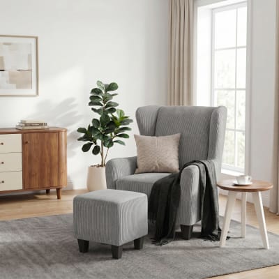 Fauteuil + repose-pieds en tissu gris