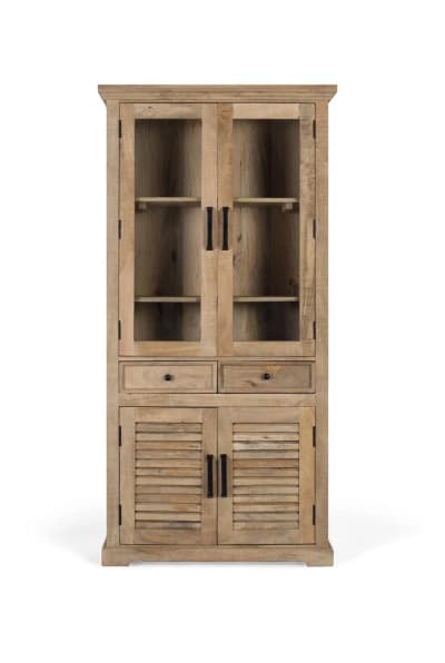 Vitrine en bois de manguier avec verre et deux tiroirs