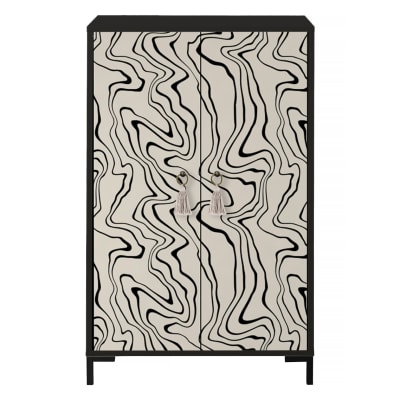 Buffet MDF 2 portes décoratives motif lignes noires ondulantes