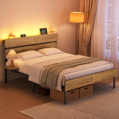 Cadre de lit simple en métal éclairage port usb 140 x 190 cm marron
