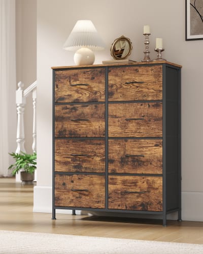 Commode à 8 tiroirs en tissu acier mdf tissu non tissé marron et noir
