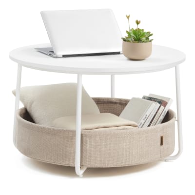 Table basse ronde avec panier en tissu meuble 75 x 75 x 45 cm blanc