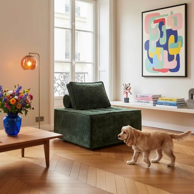 Fauteuil compressé en tissu avec coussin type chauffeuse 85 cm vert
