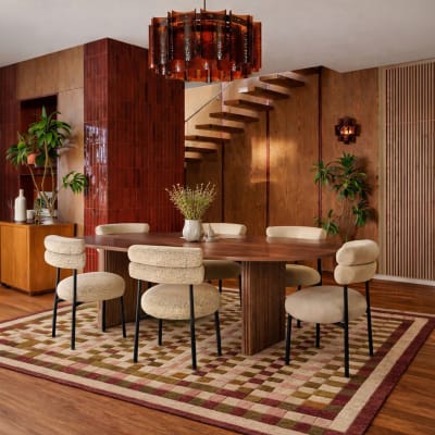 Ensemble table ovale effet noyer et 6 chaises en tweed beige