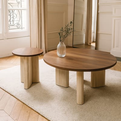 Table d'appoint ronde avec plateau foncé et pied effet travertin 40cm