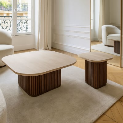 Table basse carré effet travertin et pied effet noyer 80cm