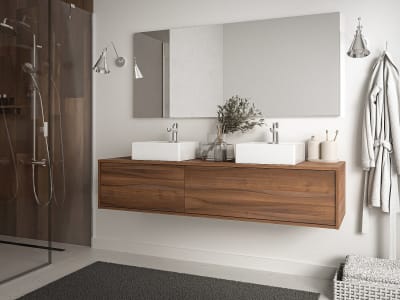 Meuble double vasque panneau de particule naturel foncé