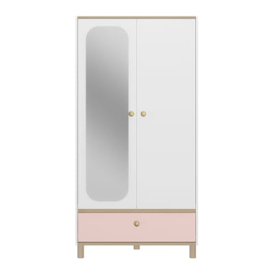 Armoire 2 portes effet bois chêne clair avec grand miroir blanc