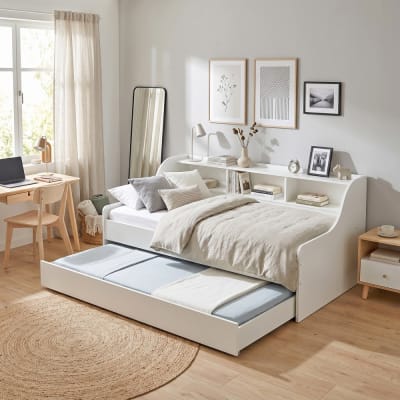 Lit gigogne palma 90x190 cm - tiroir-lit + étagère rangement / blanc
