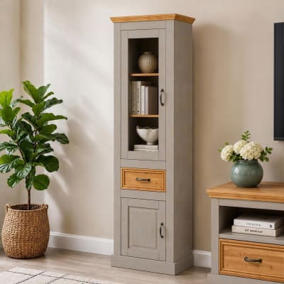 Vitrine avec 1 tiroir et 2 portes en pin gris et teint ciré