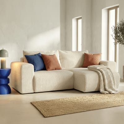Canapé d'angle convertible réversible 3 places en velours côtelé beige