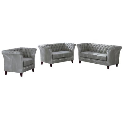 Ensemble Chesterfield 3+2+1 en velours gris avec pieds en bois