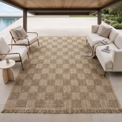 Tapis extérieur intérieur damier aspect jute beige 190x290