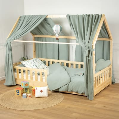 Double ciel de lit cabane enfant gaze de coton vert 130x360 cm