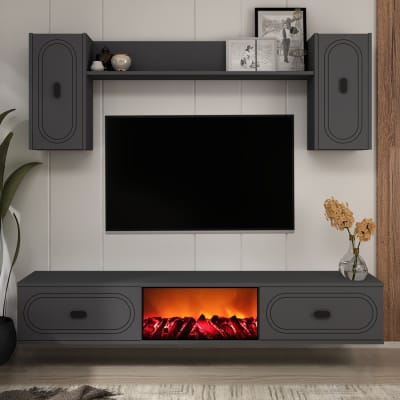 Meuble tv étagères murales cheminée led 150cm gris anthracite