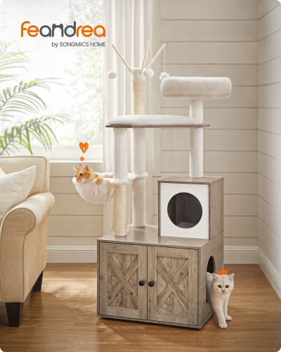 Arbre à chat avec maison de toilettes griffoirs hauteur 140 cm grège