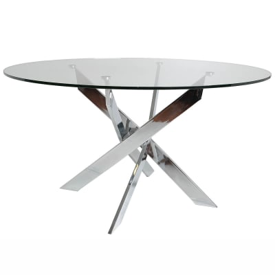 Table  ronde 120cm pieds chromés et plateau en verre