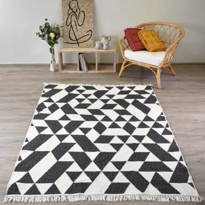Tapis kilim 120x160 coton écru, noir