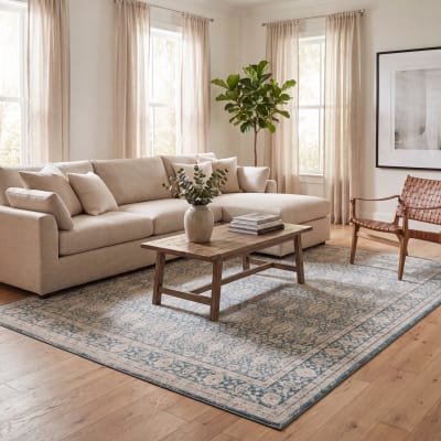 Tapis inspiré par le vintage en polypropylène bleu/gris, 122 x 183 cm