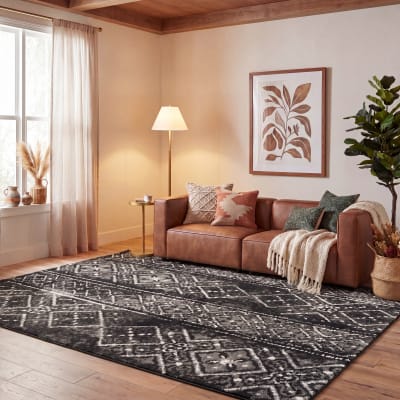 Tapis bohème contemporaine en polypropylène noir/argent, 122 x 183 cm